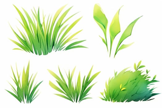 Set of green and gold grass and stem hand painted watercolor illustration