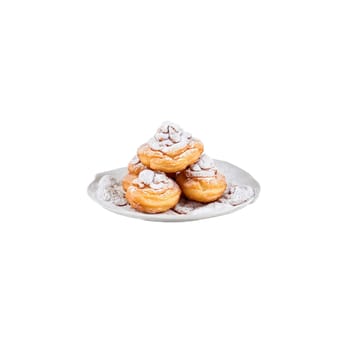 Zeppole with fried dough powdered sugar cinnamon floating and steaming Food and culinary concept. Food isolated on transparent background.