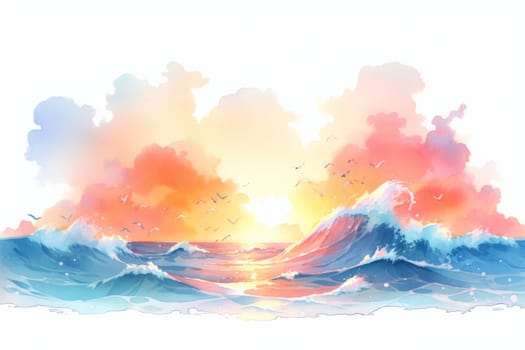 Ocean or sea sunset hand painted watercolor illustration