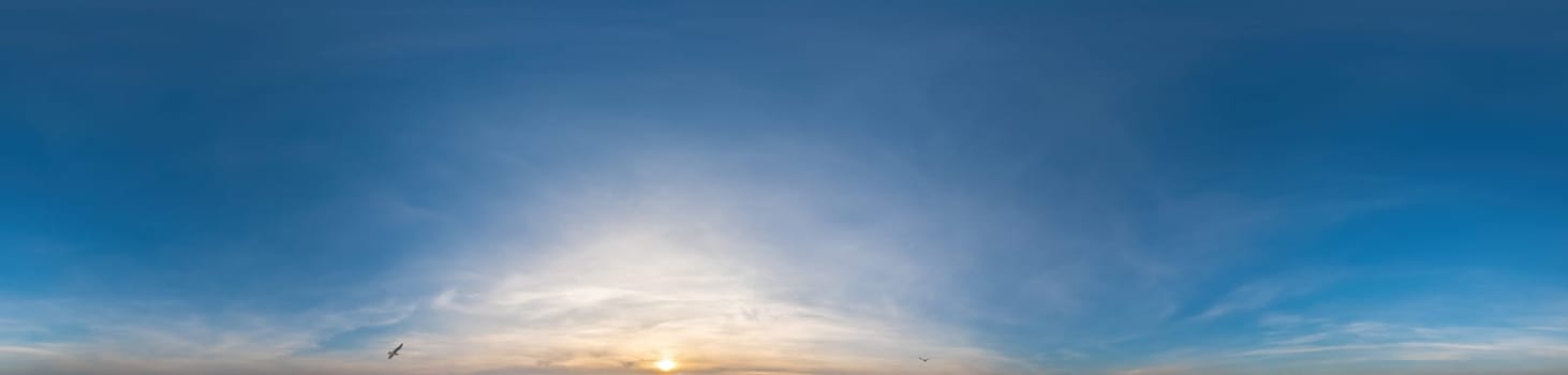 Blue sky with Cirrus clouds Seamless panorama in spherical equirectangular format. Complete zenith for use in 3D graphics, game and for composites in aerial drone 360 degree panoramas as a sky dome.