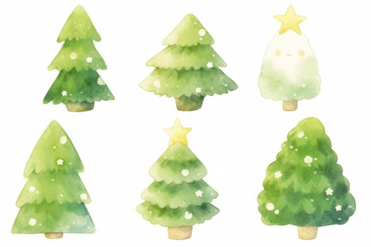 Set of christmas tree hand painted watercolor illustration