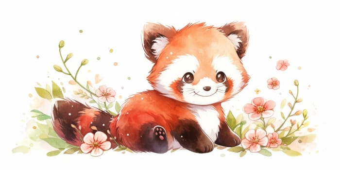 Cute kawaii red panda hand drawn watercolor illustration