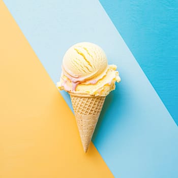 Scoops of ice cream in a waffle cone on a colorful background