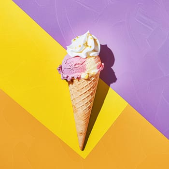 Scoops of ice cream in a waffle cone on a colorful background