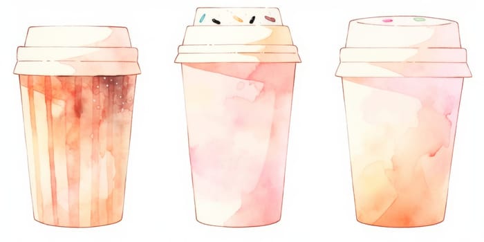 Set of paper coffee cups. Takeaway coffee hand drawn watercolor illustration