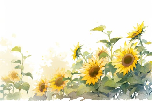 Sunflower landscape background hand drawn watercolor illustration