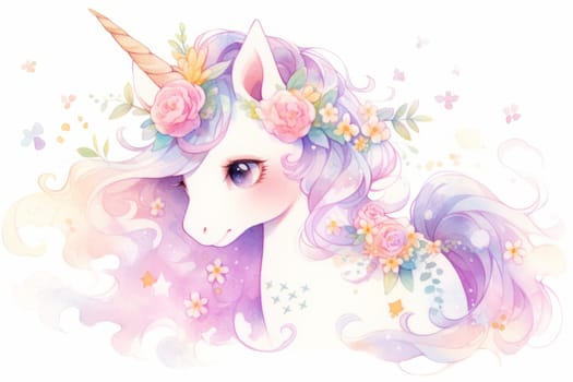 Cute fairy unicorn hand painted watercolor illustration