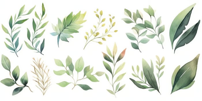Set of watercolor green leaves elements. Clipart botanical collection