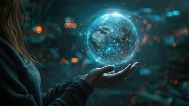 Future of Logistics, Hand Holding Holographic Globe with Real-time Transportation Data on Digital Banner.