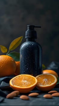 A bottle of lotion sits on a table surrounded by Valencia oranges, almonds, and other citrus fruits like Clementines, Rangpurs, Tangerines, and Bitter oranges