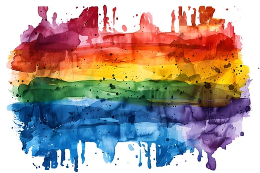 A watercolor painting of a rainbow flag on a white background, featuring vibrant colors like magenta, in a rectangular form, capturing the essence of a natural landscape