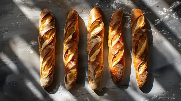 Four loaves of bread are displayed on a table, ready to be used as an ingredient for various dishes in cuisine, such as sandwiches or as a side for grilled meats