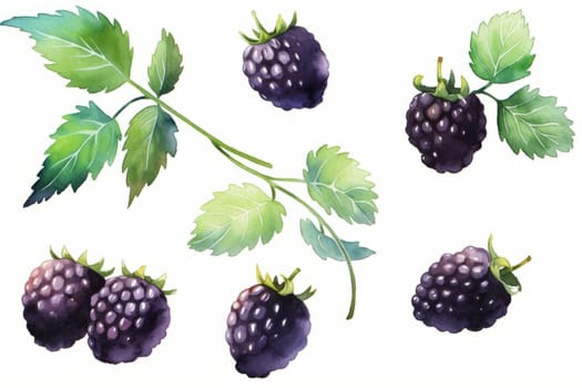 Set of blackberry fruit hand drawn watercolor illustration