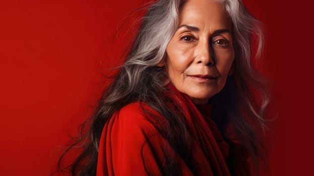 Elegant, elderly, chic Latino, Spain woman with gray long hair and perfect skin, on a red background, banner. Advertising of cosmetic products, spa treatments, shampoos and hair care products dentistry and medicine, perfumes and cosmetology for women