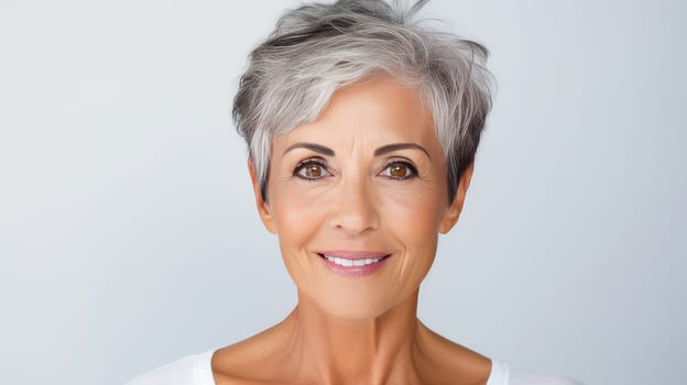 Elegant smiling elderly, chic Latino, Spain woman with gray hair and perfect skin, white background, banner. Advertising of cosmetic products, spa treatments, shampoos and hair care products, dentistry and medicine, perfumes and cosmetology for women