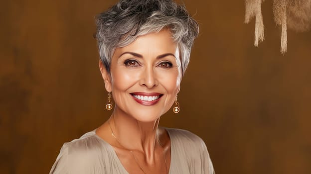 Elegant, smiling elderly, chic latino, Spain woman with gray hair and perfect skin, gold background banner. Advertising of cosmetic products, spa treatments, shampoos and hair care products, dentistry and medicine, perfumes and cosmetology for women
