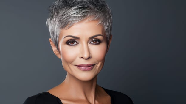 Elegant, smiling elderly, chic latino, Spain woman with gray hair and perfect skin, gray background banner. Advertising of cosmetic products, spa treatments, shampoos and hair care products, dentistry and medicine, perfumes and cosmetology for women