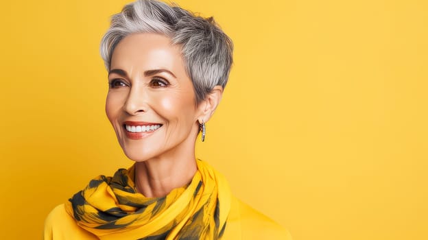 Elegant, smiling elderly, chic latino, Spain woman with gray hair and perfect skin, yellow background banner. Advertising of cosmetic products, spa treatments, shampoos and hair care products, dentistry and medicine, perfumes and cosmetology women