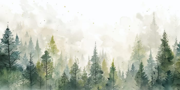 Watercolor background drawn landscape of foggy forest, winter hill