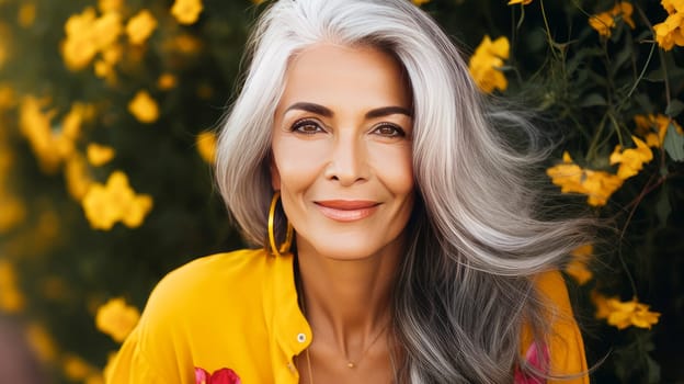 Elegant, elderly, chic Latino, Spain woman with gray long hair and perfect skin, yellow background, banner. Advertising of cosmetic products, spa treatments, shampoos and hair care products, dentistry and medicine, perfumes and cosmetology for women