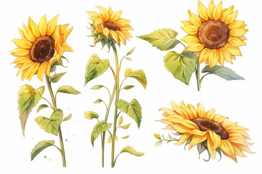 Set of sunflower hand drawn watercolor illustration