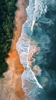 An aerial perspective of water crashing onto the shore, forming a unique pattern on the sandy landscape. The liquid waves bring a sense of recreation and sportswear to the serene beach setting