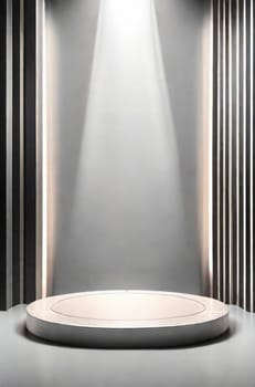 Three-dimensional color realistic product podium in rays of light on a monochrome background