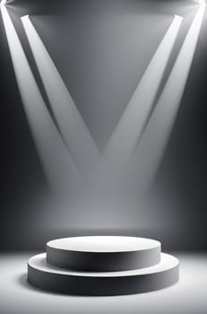 Three-dimensional color realistic product podium in rays of light on a monochrome background