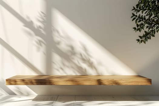 A hardwood shelf made of wood sits in a room with a white wall. The shelfs tint and shade match the flooring, creating a triangle shape with a twig accent