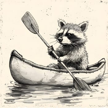 An illustration of a raccoon paddling a canoe on a river, showcasing its carnivorous nature, whiskers, and tail. The artwork belongs to the Felidae family of small to mediumsized cats