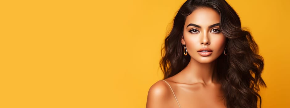 Portrait of a beautiful, elegant, sexy Latino, Spain woman with perfect skin, on a yellow background, banner. Advertising of cosmetic products, spa treatments, shampoos and hair care products dentistry and medicine, perfumes and cosmetology for women