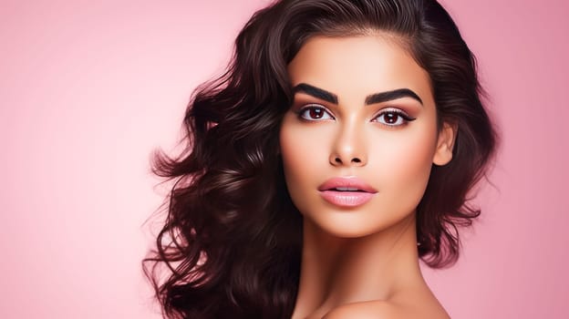 Beautiful, elegant, sexy Latino, Spain woman with perfect skin, on a pink background, banner. Advertising of cosmetic products, spa treatments, shampoos and hair care products, dentistry and medicine, perfumes and cosmetology for women