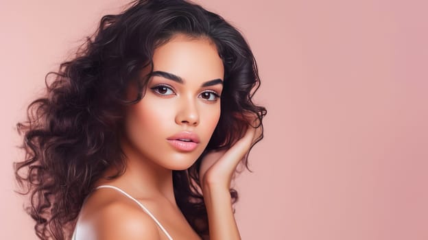 Beautiful, elegant, sexy Latino, Spain woman with perfect skin, on a pink background, banner. Advertising of cosmetic products, spa treatments, shampoos and hair care products, dentistry and medicine, perfumes and cosmetology for women