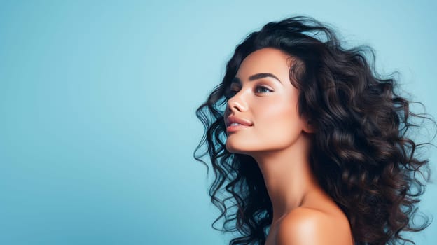 Beautiful, elegant, sexy Latino, Spain woman with perfect skin, on a light blue background, banner. Advertising of cosmetic products, spa treatments, shampoos and hair care products, dentistry and medicine, perfumes and cosmetology for women