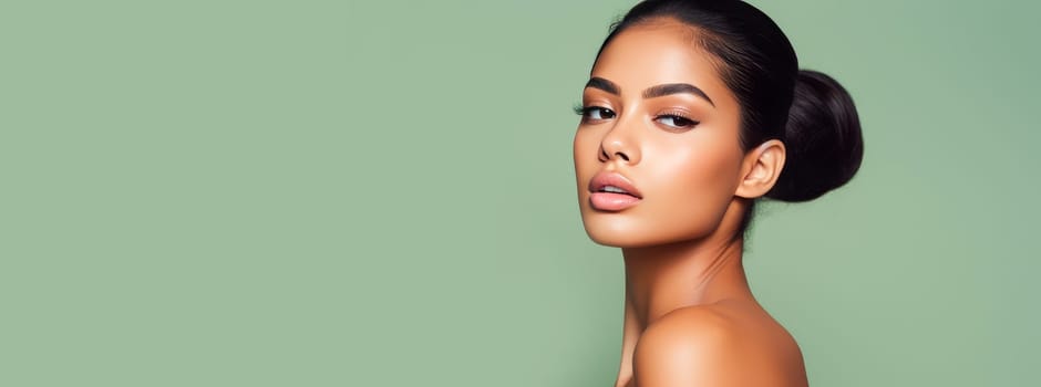 Beautiful, elegant, sexy Latino, Spain woman with perfect skin, on a light green background, banner. Advertising of cosmetic products, spa treatments, shampoos and hair care products, dentistry and medicine, perfumes and cosmetology for women