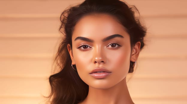 Beautiful, elegant, sexy Latino, Spain woman with perfect skin, on a creamy beige background, banner. Advertising of cosmetic products, spa treatments, shampoos and hair care products, dentistry and medicine, perfumes and cosmetology for women