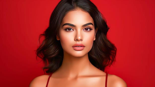 Beautiful, elegant, sexy Latino, Spain woman with perfect skin, on a red background, banner. Advertising of cosmetic products, spa treatments, shampoos and hair care products, dentistry and medicine, perfumes and cosmetology for women