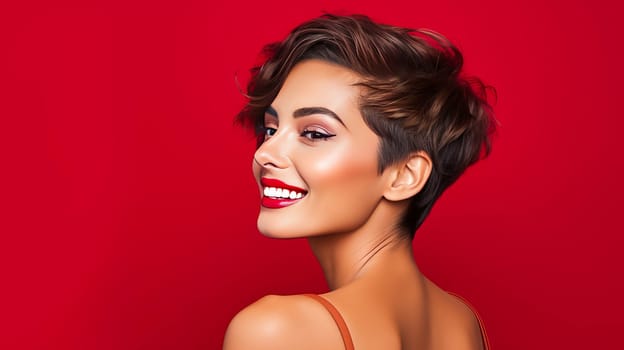 Beautiful, elegant, sexy Latino, Spain, short-haired woman with perfect skin, on a red background, banner. Advertising of cosmetic products, spa treatments, shampoos and hair care products, dentistry and medicine, perfumes and cosmetology for women