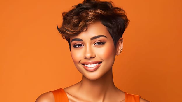 Beautiful, elegant sexy Latino, Spain with short haircut woman with perfect skin, orange background, banner. Advertising of cosmetic products, spa treatments, shampoos and hair care products, dentistry and medicine, perfumes and cosmetology for women
