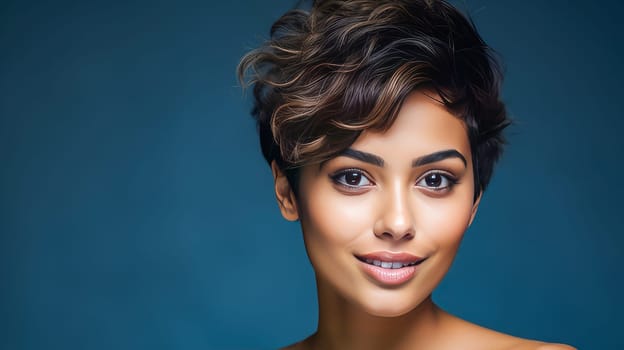 Beautiful, elegant, sexy Latino, Spain with short haircut woman with perfect skin, blue background, banner. Advertising of cosmetic products, spa treatments, shampoos and hair care products, dentistry and medicine, perfumes and cosmetology for women