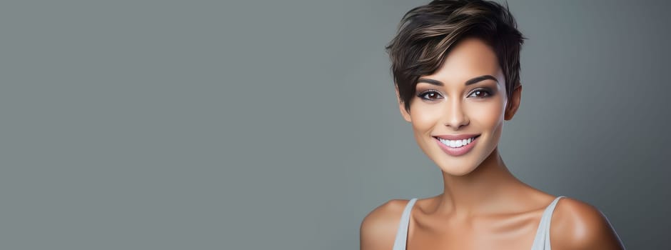 Beautiful, elegant sexy Latino, Spain with short haircut woman with perfect skin, silver background, banner. Advertising of cosmetic products, spa treatments, shampoos and hair care products, dentistry and medicine, perfumes and cosmetology for women