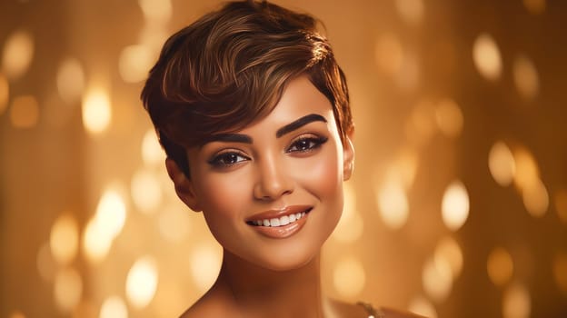 Beautiful, elegant, sexy Latino, Spain with short haircut woman with perfect skin, gold background, banner. Advertising of cosmetic products, spa treatments, shampoos and hair care products, dentistry and medicine, perfumes and cosmetology for women