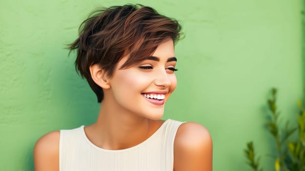 Beautiful, elegant, sexy Latino, Spain with short haircut woman with perfect skin, green background, banner. Advertising of cosmetic products, spa treatments, shampoos and hair care products, dentistry and medicine, perfumes and cosmetology for women