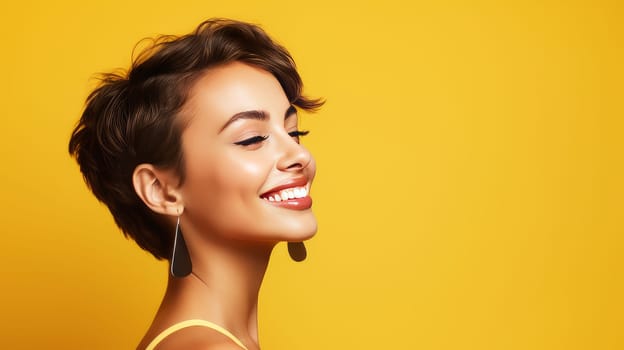 Beautiful, elegant sexy Latino, Spain with short haircut woman with perfect skin, yellow background, banner. Advertising of cosmetic products, spa treatments, shampoos and hair care products, dentistry and medicine, perfumes and cosmetology for women