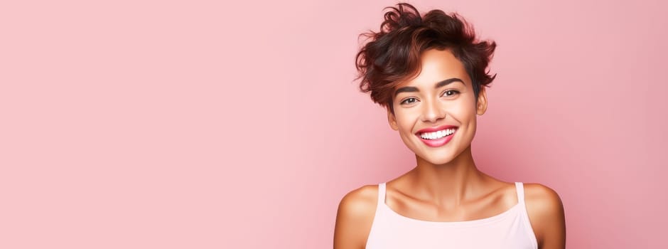 Beautiful, elegant, sexy Latino, Spain with short haircut woman with perfect skin, pink background, banner. Advertising of cosmetic products, spa treatments, shampoos and hair care products, dentistry and medicine, perfumes and cosmetology for women