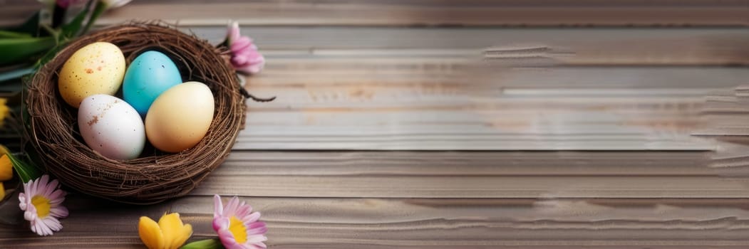 Nest with colorful Easter eggs and flowers on wooden background.