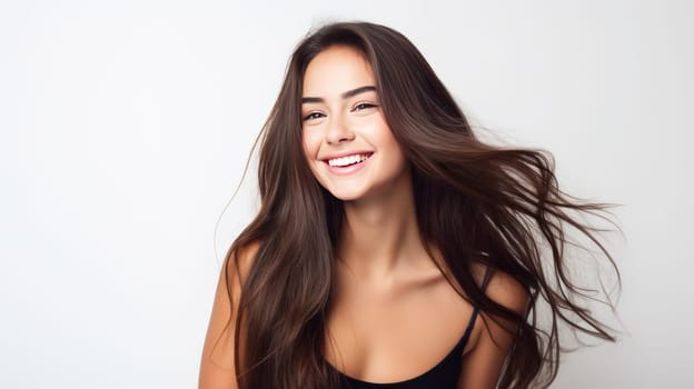 Beautiful, elegant, sexy Latino, Spain woman with long hair with perfect skin, white background, banner. Advertising of cosmetic products, spa treatments, shampoos and hair care products, dentistry and medicine, perfumes and cosmetology for women