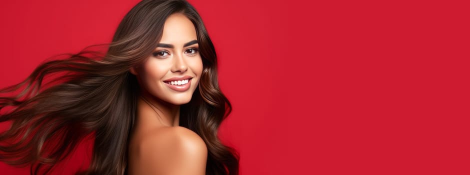 Beautiful, elegant, sexy Latino, Spain woman with long hair with perfect skin, red background, banner. Advertising of cosmetic products, spa treatments, shampoos and hair care products, dentistry and medicine, perfumes and cosmetology for women