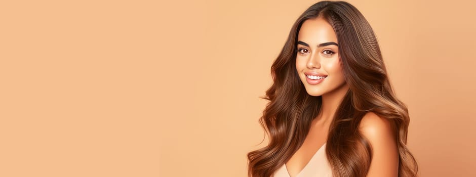 Beautiful, elegant, sexy Latino, Spain woman with long hair with perfect skin, creamy beige background, banner. Advertising of cosmetic products, spa treatments, shampoos and hair care products, dentistry and medicine, perfumes and cosmetology women