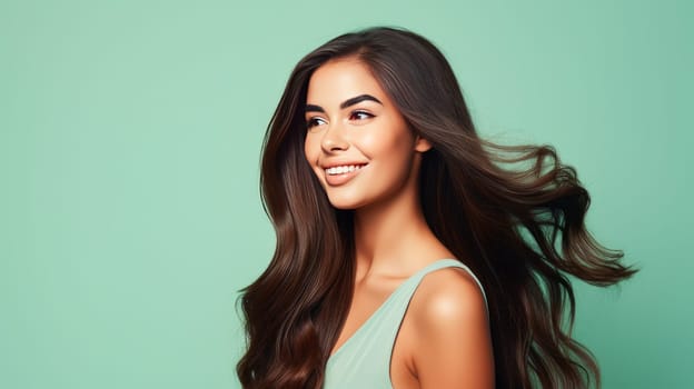 Beautiful, elegant, sexy Latino, Spain woman with long hair with perfect skin, light green background, banner. Advertising of cosmetic products, spa treatments, shampoos and hair care products, dentistry and medicine, perfumes and cosmetology women